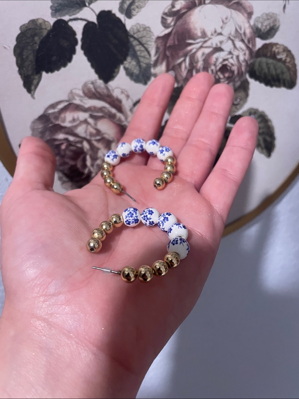 Blue Floral Ceramic & Gold Bead Hoop Earrings